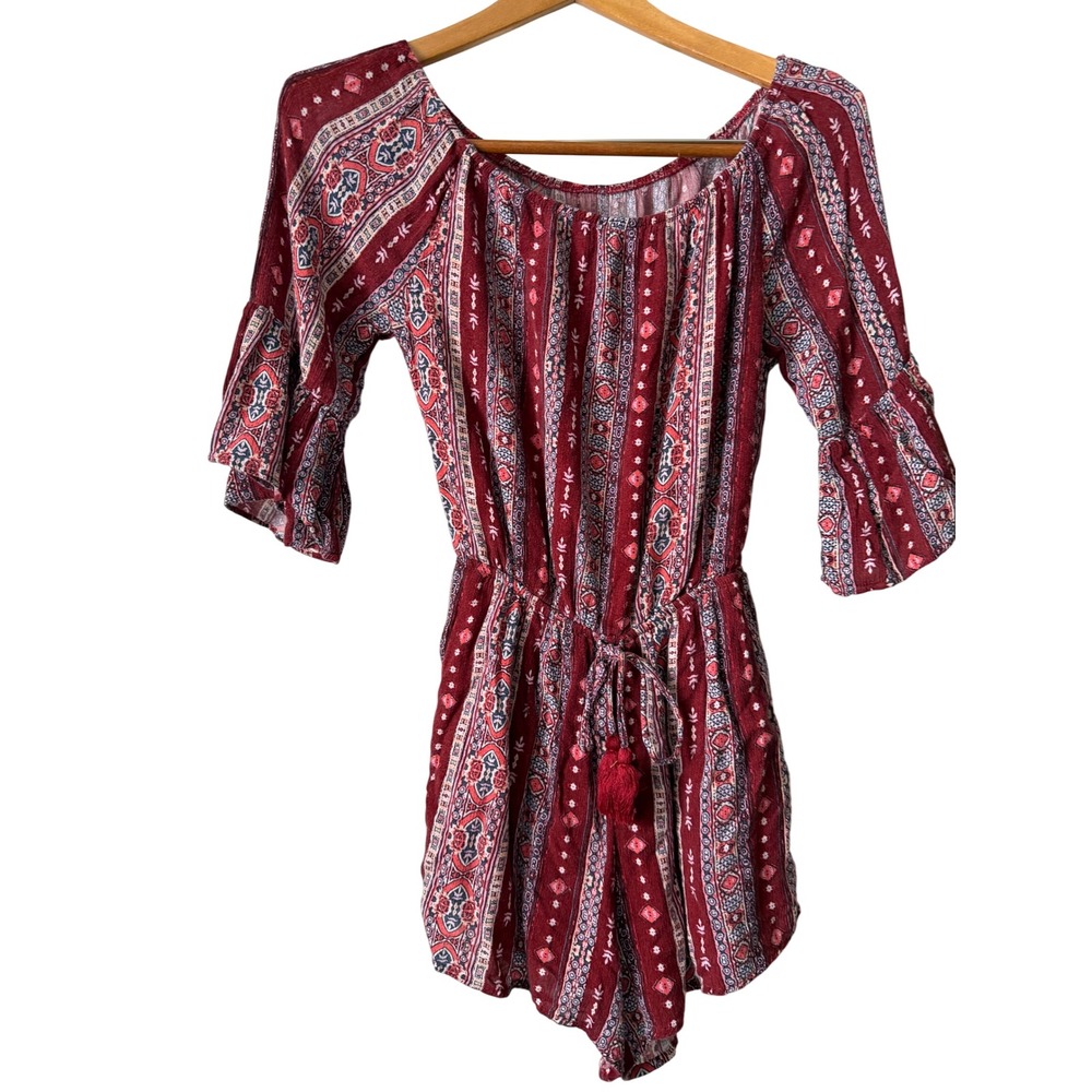 Hollister Romper Womens‎ Small Burgundy Excellent Boho Off-Shoulder Bell Sleeve